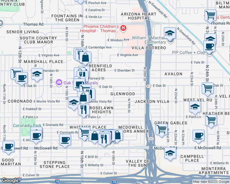 map of restaurants, bars, coffee shops, grocery stores, and more near 1817 East Oak Street in Phoenix
