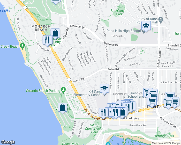 map of restaurants, bars, coffee shops, grocery stores, and more near 24065 Windward Drive in Dana Point