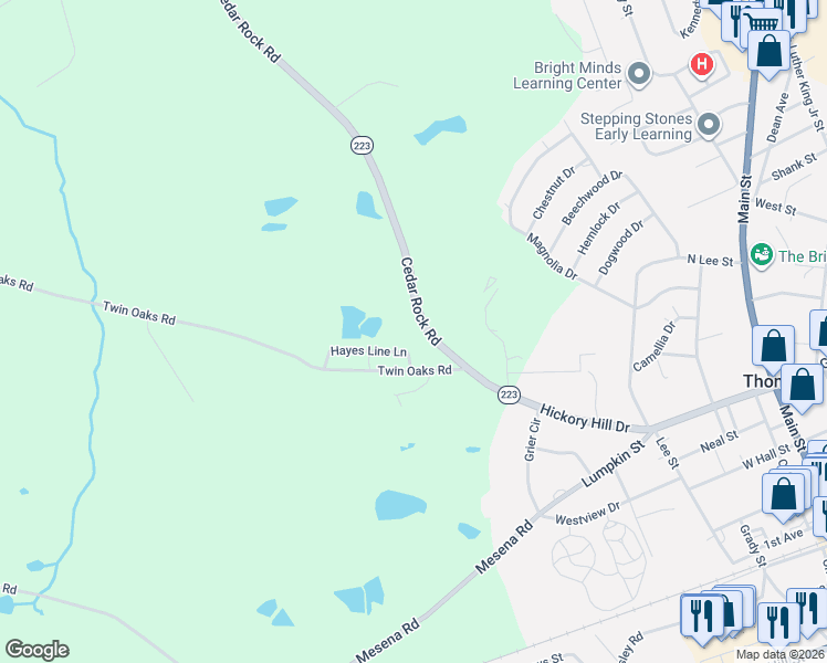 map of restaurants, bars, coffee shops, grocery stores, and more near 825 Cedar Rock Road in Thomson