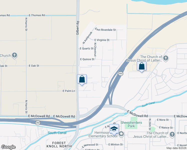 map of restaurants, bars, coffee shops, grocery stores, and more near 3033 North Gilbert Road in Mesa