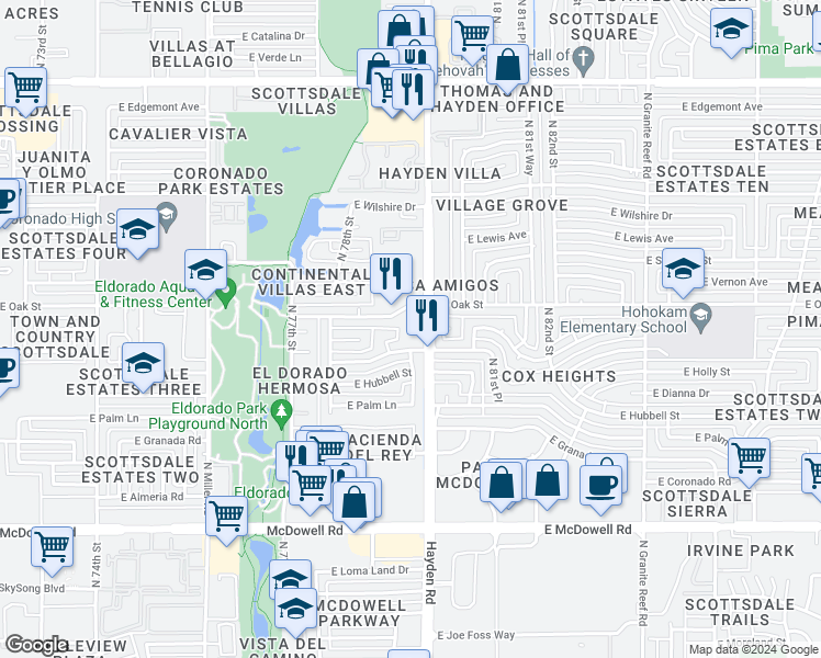 map of restaurants, bars, coffee shops, grocery stores, and more near in Scottsdale