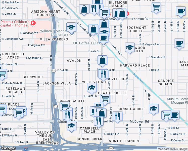 map of restaurants, bars, coffee shops, grocery stores, and more near 2233 North 23rd Street in Phoenix