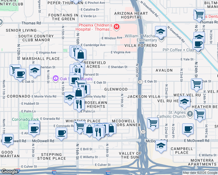 map of restaurants, bars, coffee shops, grocery stores, and more near 1817 East Oak Street in Phoenix