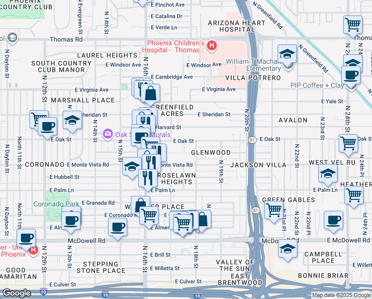 map of restaurants, bars, coffee shops, grocery stores, and more near 1729 East Oak Street in Phoenix