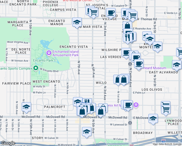 map of restaurants, bars, coffee shops, grocery stores, and more near 333 West Encanto Boulevard in Phoenix