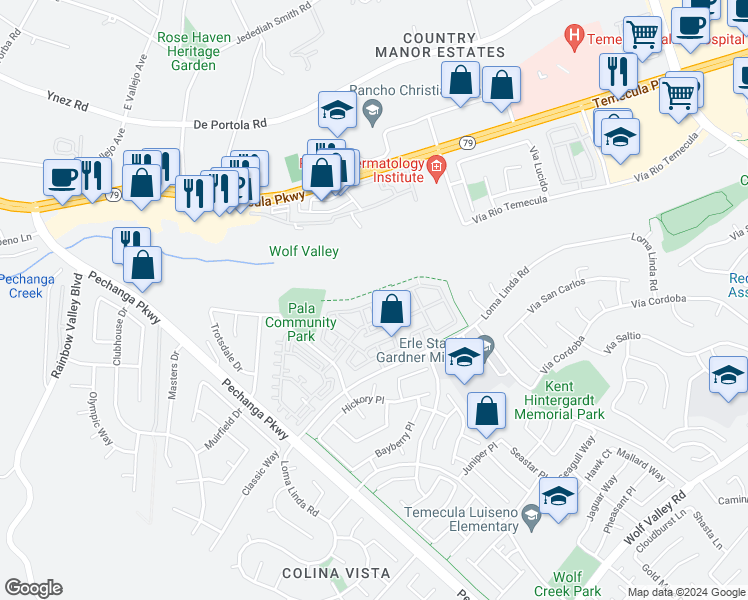 map of restaurants, bars, coffee shops, grocery stores, and more near 31216 Strawberry Tree Lane in Temecula