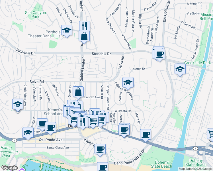map of restaurants, bars, coffee shops, grocery stores, and more near 33752 Alcazar Drive in Dana Point