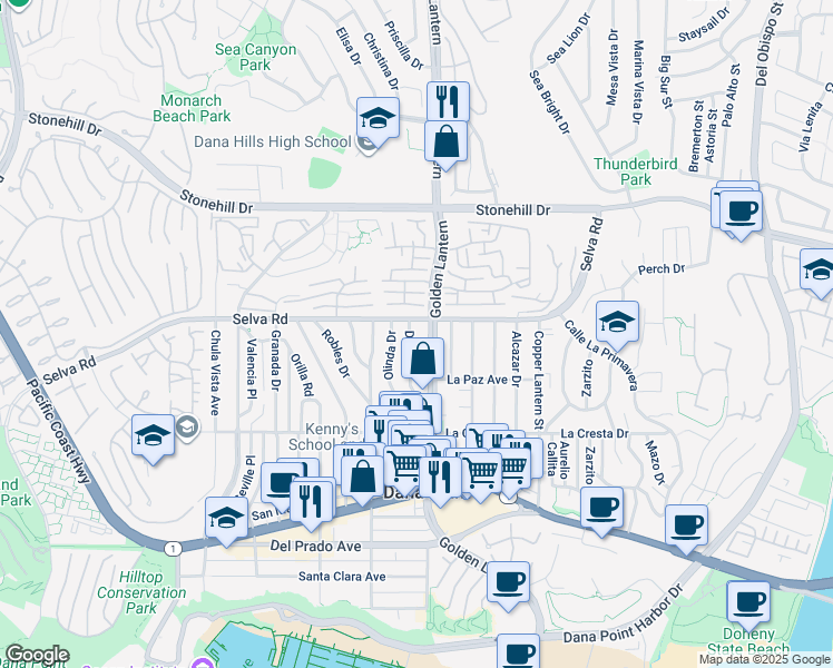 map of restaurants, bars, coffee shops, grocery stores, and more near 33751 Diana Drive in Dana Point