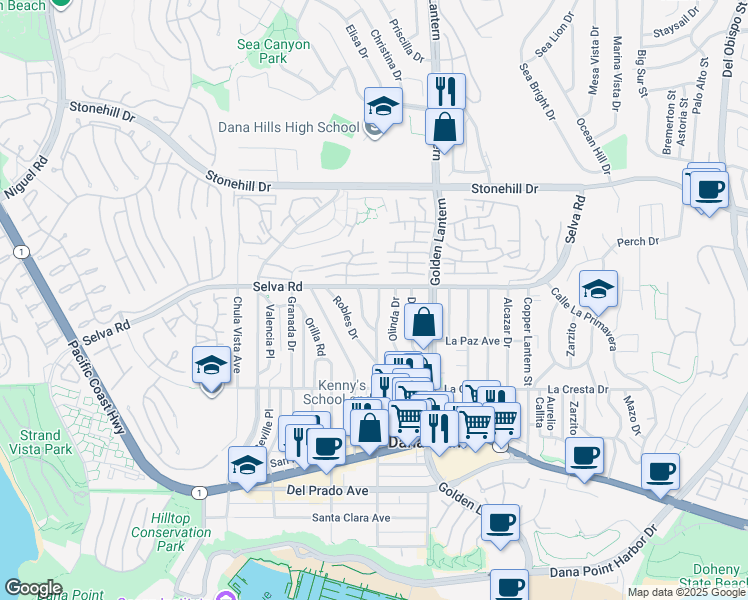 map of restaurants, bars, coffee shops, grocery stores, and more near 33751 Street of the Violet Lantern in Dana Point