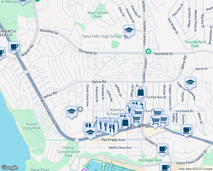 map of restaurants, bars, coffee shops, grocery stores, and more near 33752 Granada Drive in Dana Point
