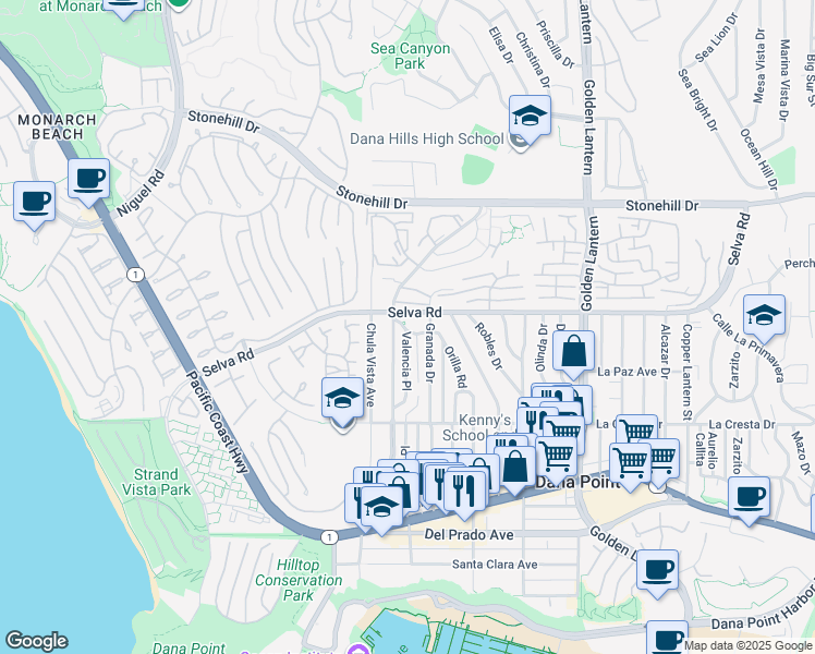 map of restaurants, bars, coffee shops, grocery stores, and more near 24331 Pasto Road in Dana Point
