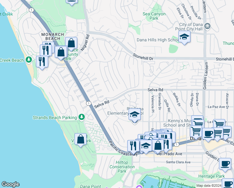 map of restaurants, bars, coffee shops, grocery stores, and more near 24091 Windward Drive in Dana Point