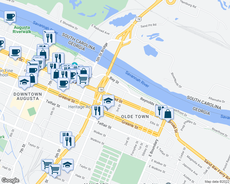 map of restaurants, bars, coffee shops, grocery stores, and more near 108 4th Street in Augusta