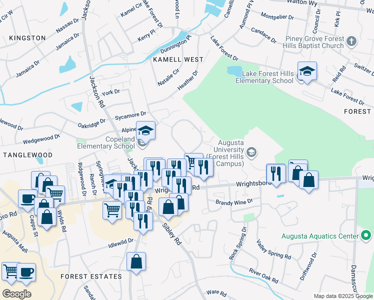 map of restaurants, bars, coffee shops, grocery stores, and more near 257 Fox Trace in Augusta