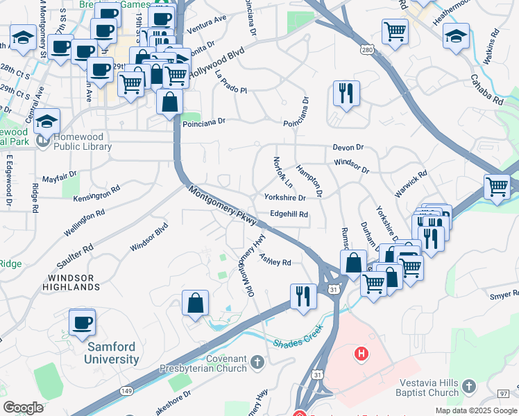 map of restaurants, bars, coffee shops, grocery stores, and more near in Homewood