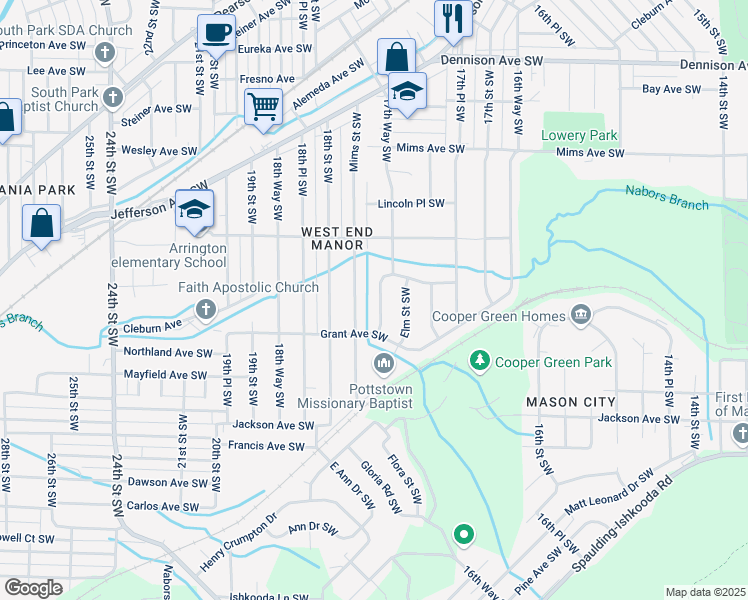 map of restaurants, bars, coffee shops, grocery stores, and more near 1509 Mims Street Southwest in Birmingham