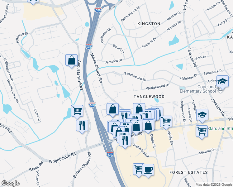 map of restaurants, bars, coffee shops, grocery stores, and more near 3379 Wedgewood Drive in Augusta