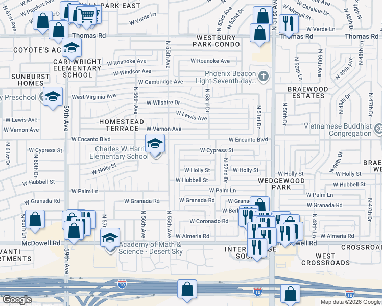 map of restaurants, bars, coffee shops, grocery stores, and more near 5407 West Cypress Street in Phoenix
