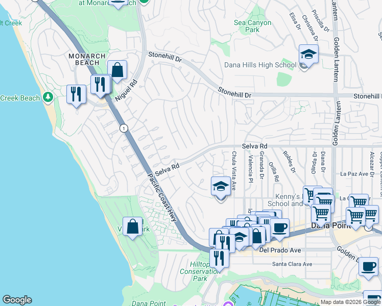 map of restaurants, bars, coffee shops, grocery stores, and more near 24065 Windward Drive in Dana Point