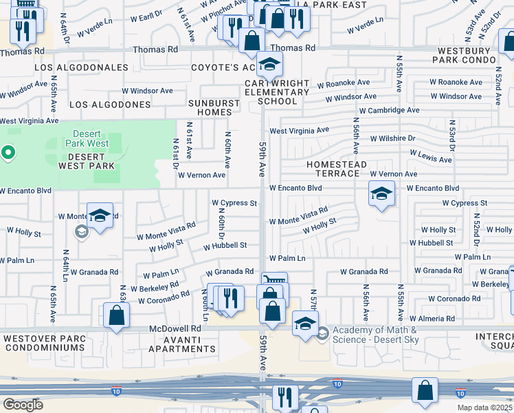map of restaurants, bars, coffee shops, grocery stores, and more near 5901 West Cypress Street in Phoenix