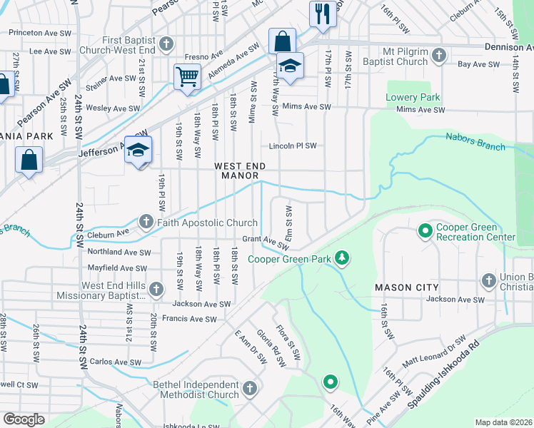 map of restaurants, bars, coffee shops, grocery stores, and more near 1509 Mims Street Southwest in Birmingham