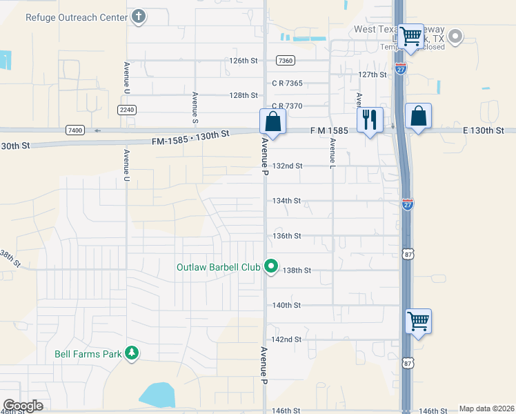 map of restaurants, bars, coffee shops, grocery stores, and more near 1523 134th Street in Lubbock
