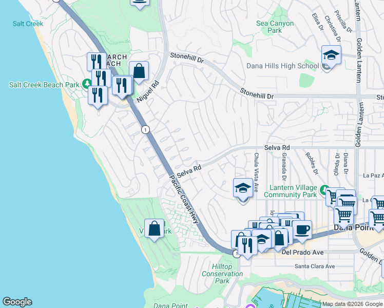 map of restaurants, bars, coffee shops, grocery stores, and more near 23971 Tasman Bay in Dana Point