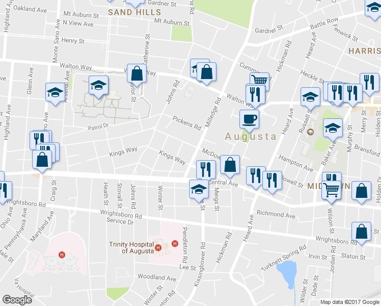 map of restaurants, bars, coffee shops, grocery stores, and more near 1109 Milledge Road in Augusta