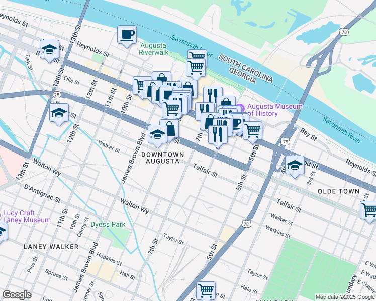 map of restaurants, bars, coffee shops, grocery stores, and more near 708 Greene Street in Augusta