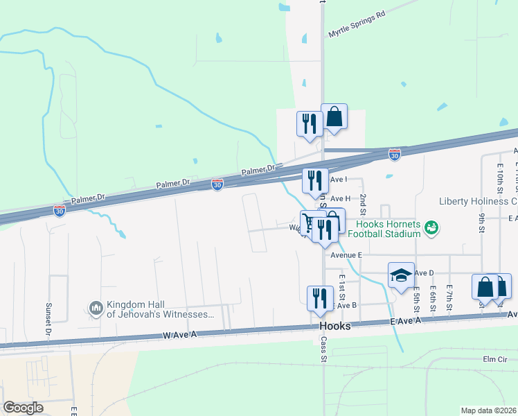 map of restaurants, bars, coffee shops, grocery stores, and more near 13 Lacey Drive in Hooks