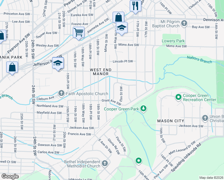 map of restaurants, bars, coffee shops, grocery stores, and more near 1509 Mims Street Southwest in Birmingham