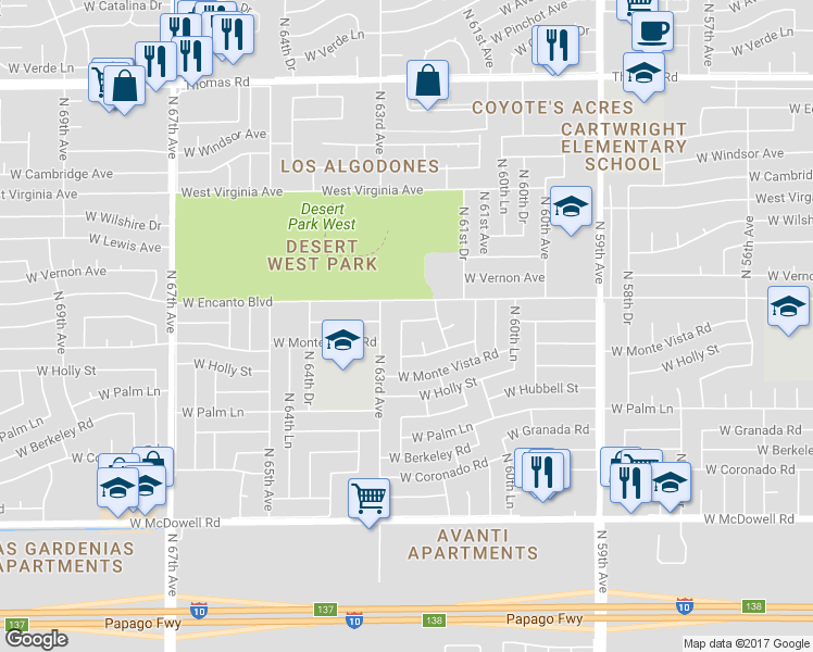 map of restaurants, bars, coffee shops, grocery stores, and more near 2229 North 62nd Lane in Phoenix