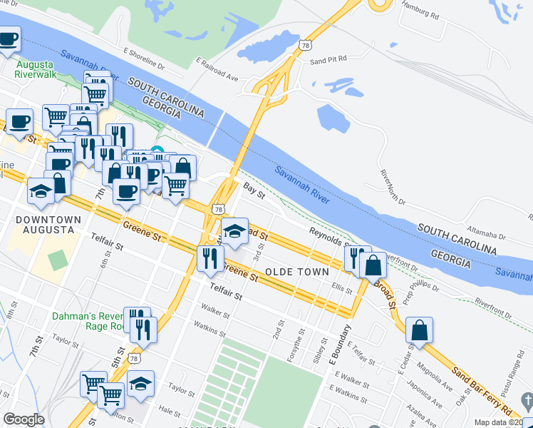 map of restaurants, bars, coffee shops, grocery stores, and more near 306 Reynolds Street in Augusta