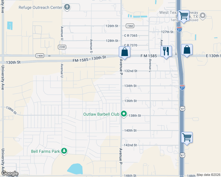 map of restaurants, bars, coffee shops, grocery stores, and more near 13403 C R 2300 in Lubbock