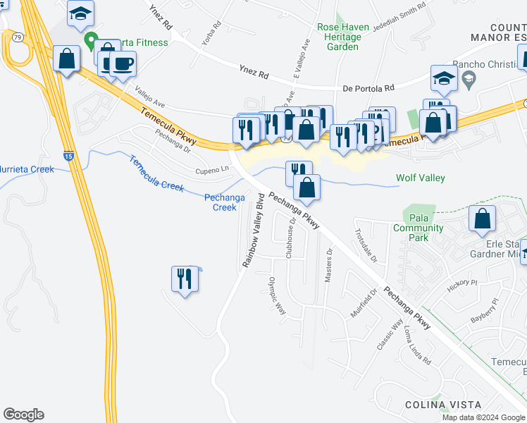 map of restaurants, bars, coffee shops, grocery stores, and more near 45530 Rainbow Canyon Road in Temecula