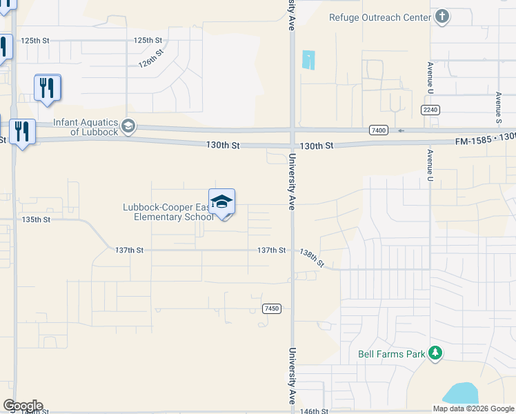 map of restaurants, bars, coffee shops, grocery stores, and more near 13000-13998 University Avenue in Lubbock