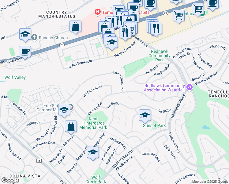 map of restaurants, bars, coffee shops, grocery stores, and more near 31750 Vía Cordoba in Temecula