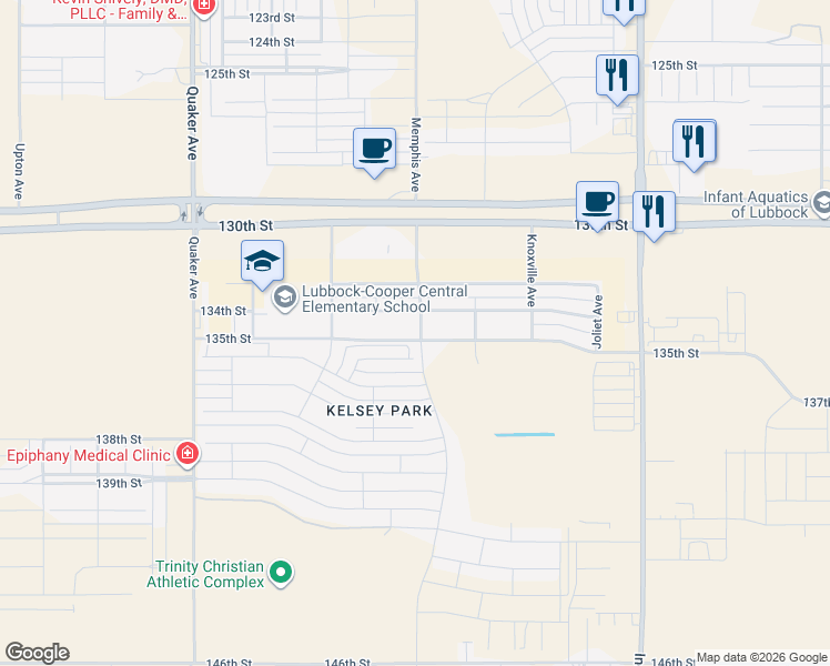 map of restaurants, bars, coffee shops, grocery stores, and more near 3802 135th Street in Lubbock