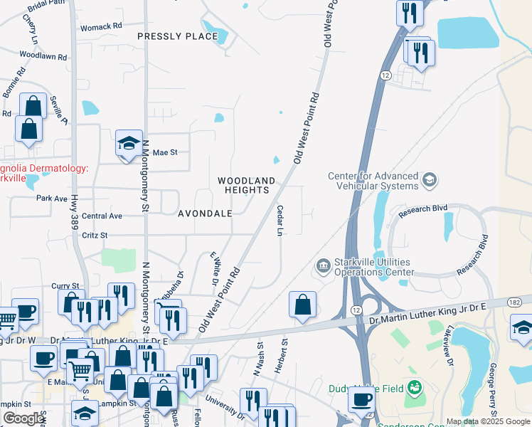 map of restaurants, bars, coffee shops, grocery stores, and more near 507 Old West Point Road in Starkville
