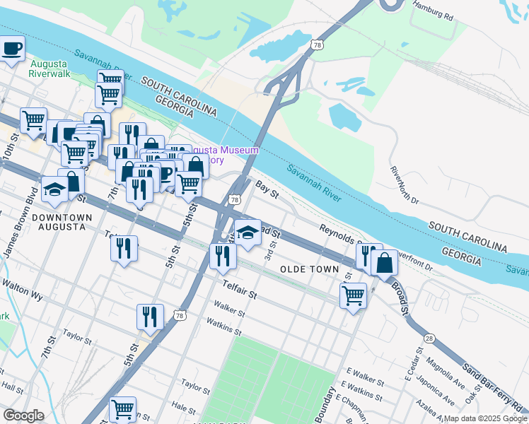 map of restaurants, bars, coffee shops, grocery stores, and more near 335 Broad Street in Augusta