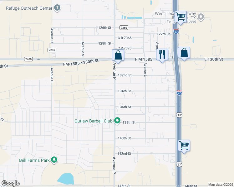 map of restaurants, bars, coffee shops, grocery stores, and more near 1523 134th Street in Lubbock