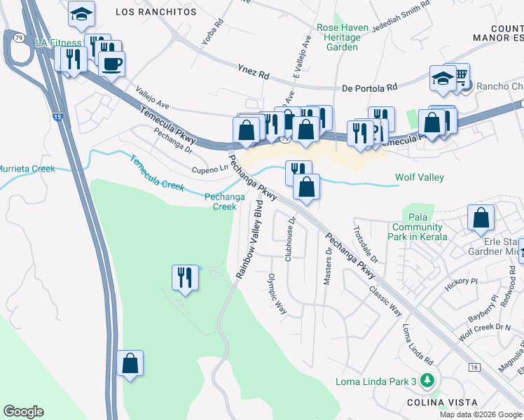 map of restaurants, bars, coffee shops, grocery stores, and more near 45530 Rainbow Canyon Road in Temecula