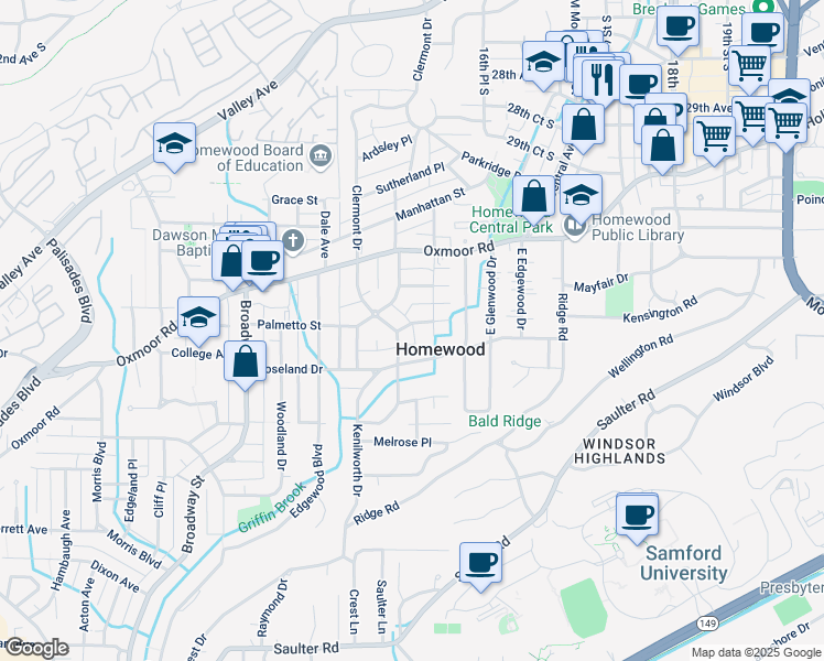 map of restaurants, bars, coffee shops, grocery stores, and more near 1505 Valley Place in Homewood