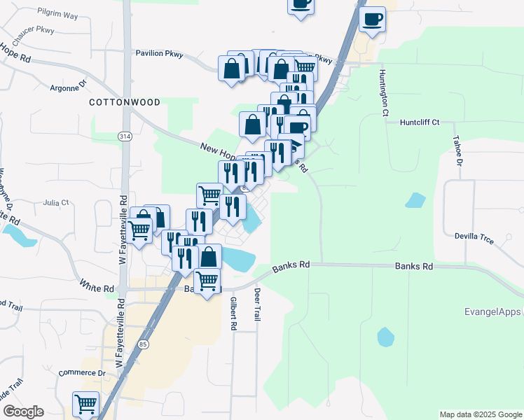 map of restaurants, bars, coffee shops, grocery stores, and more near 170 Wallace Street in Fayetteville