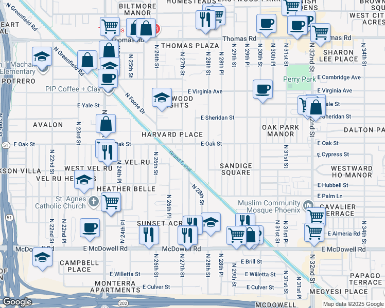 map of restaurants, bars, coffee shops, grocery stores, and more near 2222 North 27th Place in Phoenix