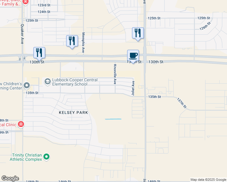 map of restaurants, bars, coffee shops, grocery stores, and more near 3602 135th Street in Lubbock