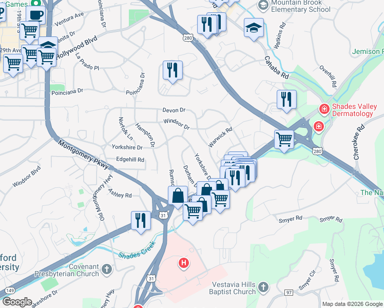 map of restaurants, bars, coffee shops, grocery stores, and more near 505 Yorkshire Drive in Birmingham