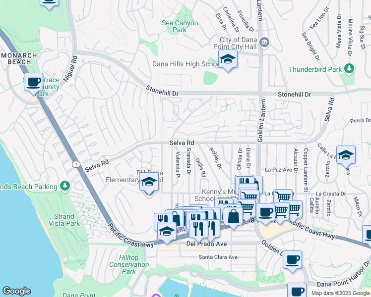 map of restaurants, bars, coffee shops, grocery stores, and more near 24351 Pasto Road in Dana Point