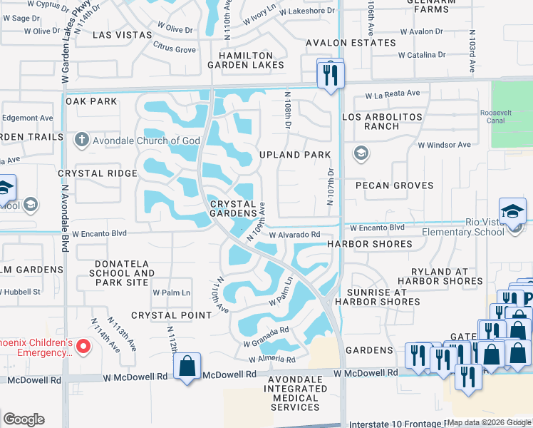map of restaurants, bars, coffee shops, grocery stores, and more near 2109 North 109th Avenue in Avondale
