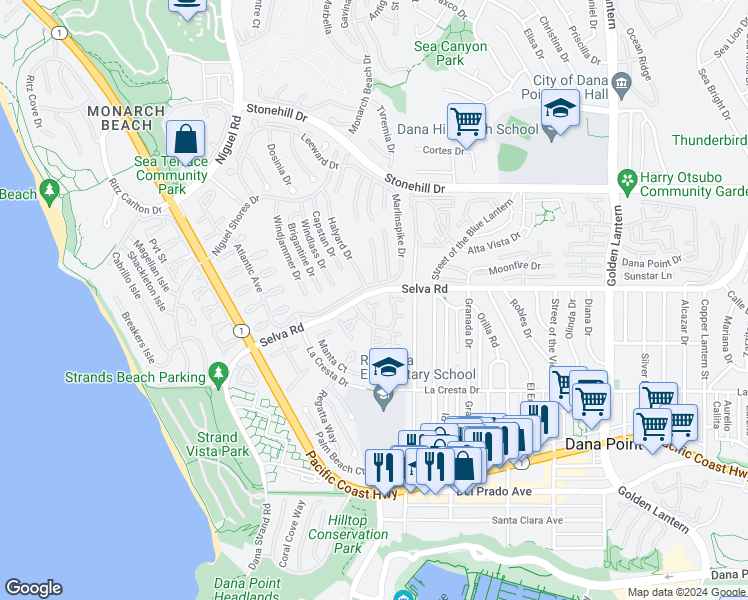 map of restaurants, bars, coffee shops, grocery stores, and more near 33785 Vista Grande in Dana Point